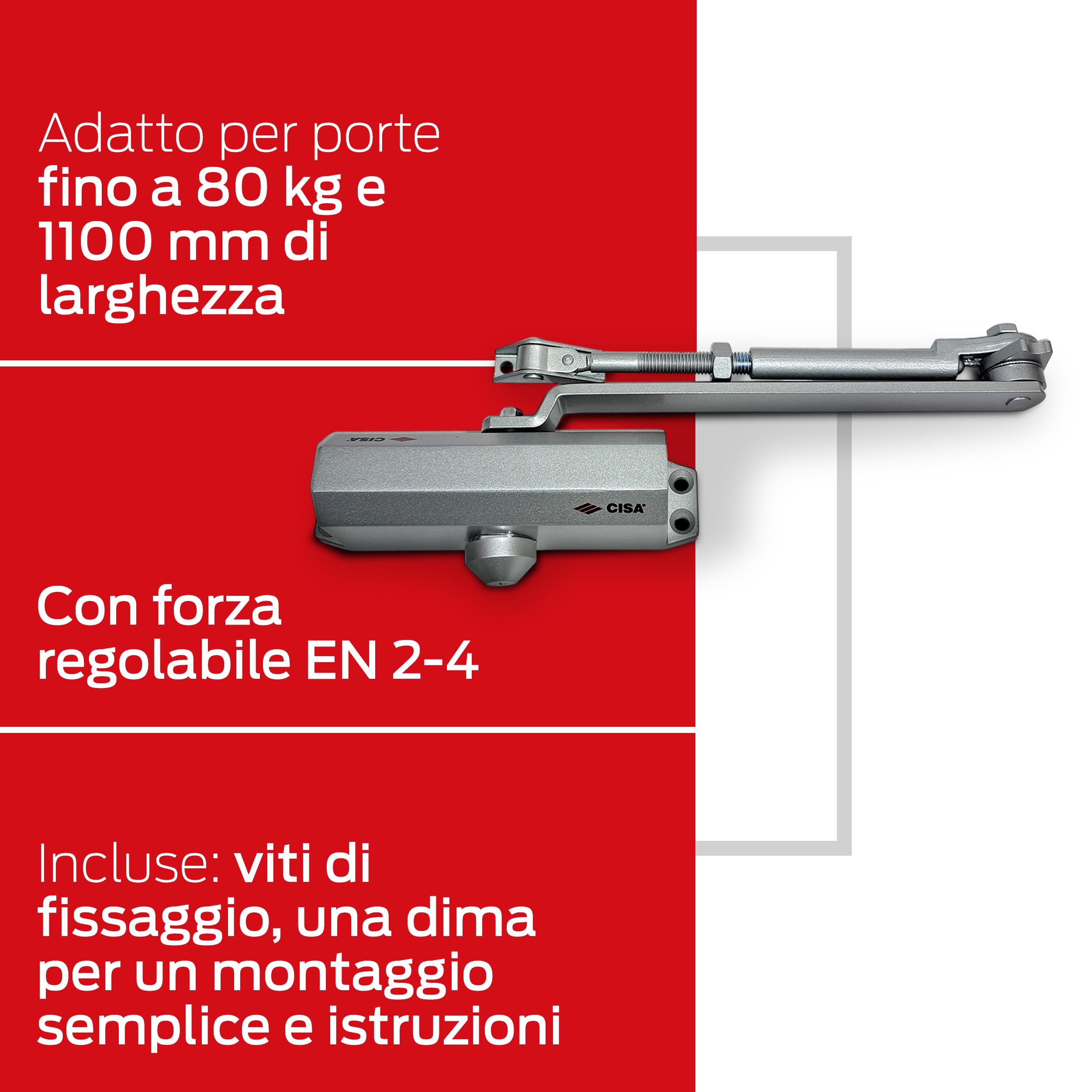 CISA - Chiudiporta CISA a Cremagliera con Arresto 16047103097 Serie 604 - Chiudiporta con Velocità di Chiusura Regolabile - Chiudi Porta per Porte Max 80 kg - Grigio