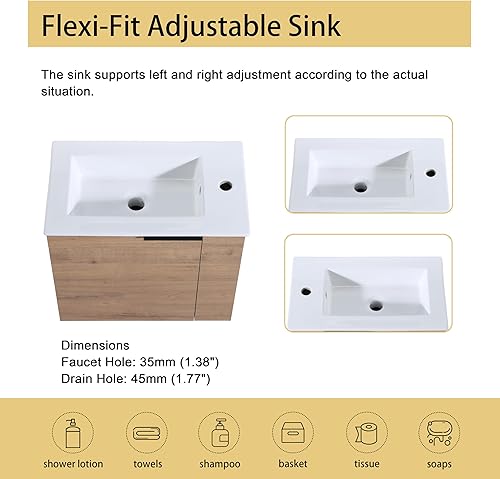 Miniatura 5 de Malwee Tocador de baño flotante de 22 pulgadas con lavabo, Tocador de baño de lavabo individual de 22 pulgadas montado en la pared, con 1 puerta y