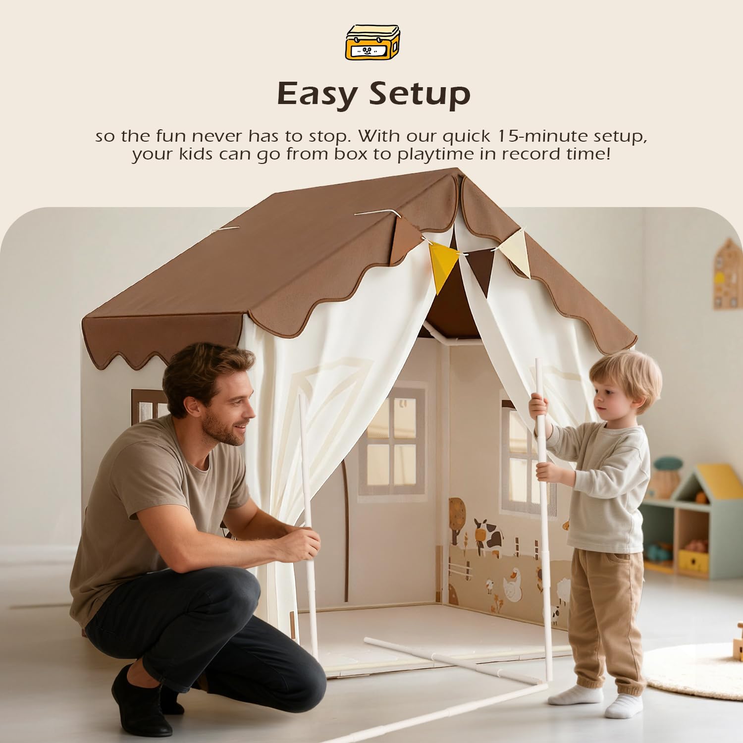 EagleStone Spielzelt für Kinder mit Girlanden und weicher Matte, Innen-Spielzelt für Kinder, Spielhaus und Bettzelt für Kinder, gemütliche Ecke für Jungen und Mädchen ab 3 Jahren, beige