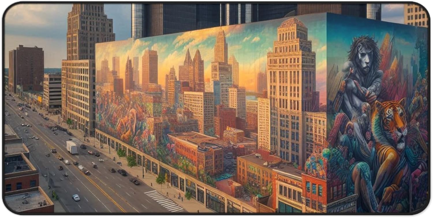 Vibrant Downtown Detroit Revitalization Desk Mat with Rubber Base