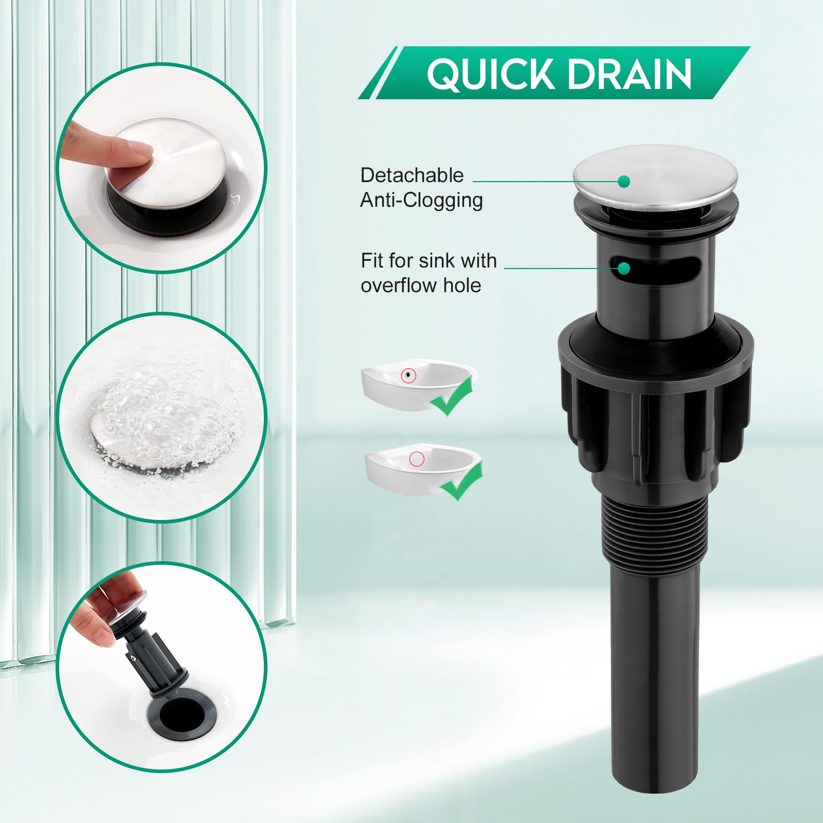CREA Grifo de baño, grifo de lavabo con desagüe, grifo mezclador de ahorro de agua, grifo de alta presión para baño, grifo monomando de lavabo de acero inoxidable cepillado