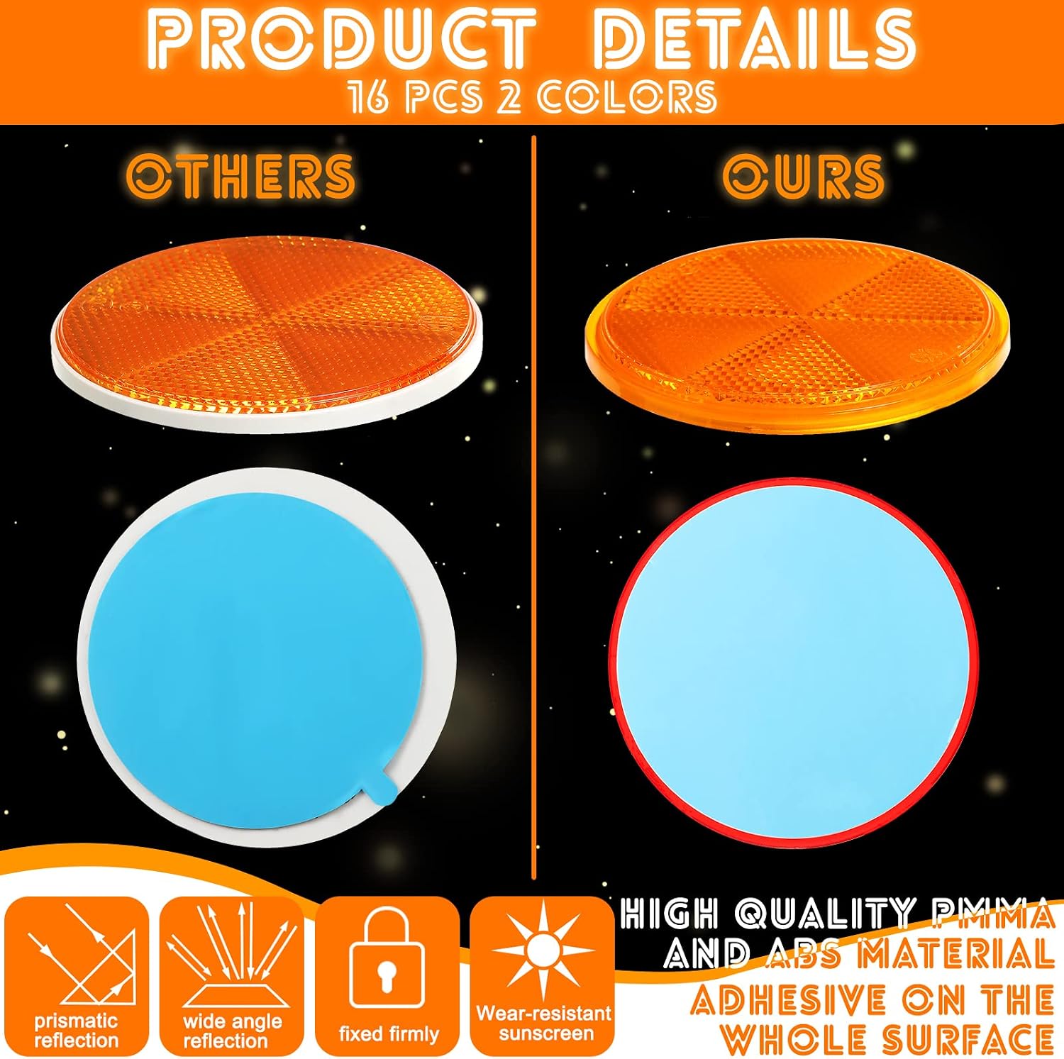 16 Pieces Round Reflectors 3'' Stick on Bicycle Reflectors Adhesive Motorcycle Safety for Cars, Trailer, Trucks, Boat, ATV, Dirt Bike, Mailboxes, Red and Amber