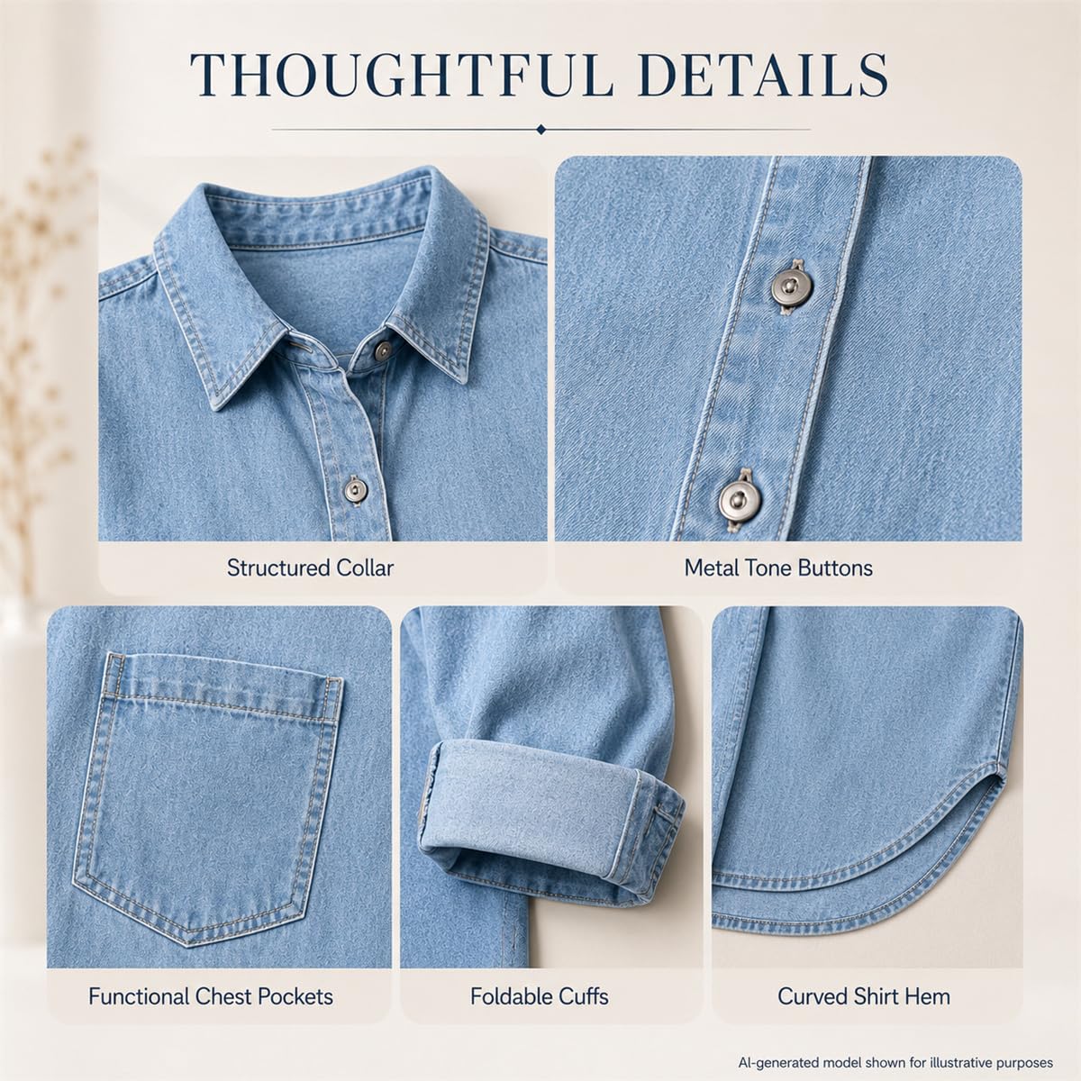 Chemise Jean Femme Manches Longues Coupe Ample Boutonnée avec Poches