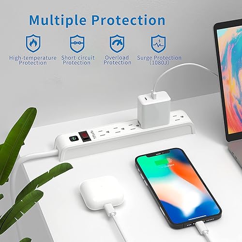 Miniatura 3 de Regleta protectora de sobretensiones, cable de extensión de 4 pies, protección contra sobretensiones de 600 julios, tira de protección múltiple de 6