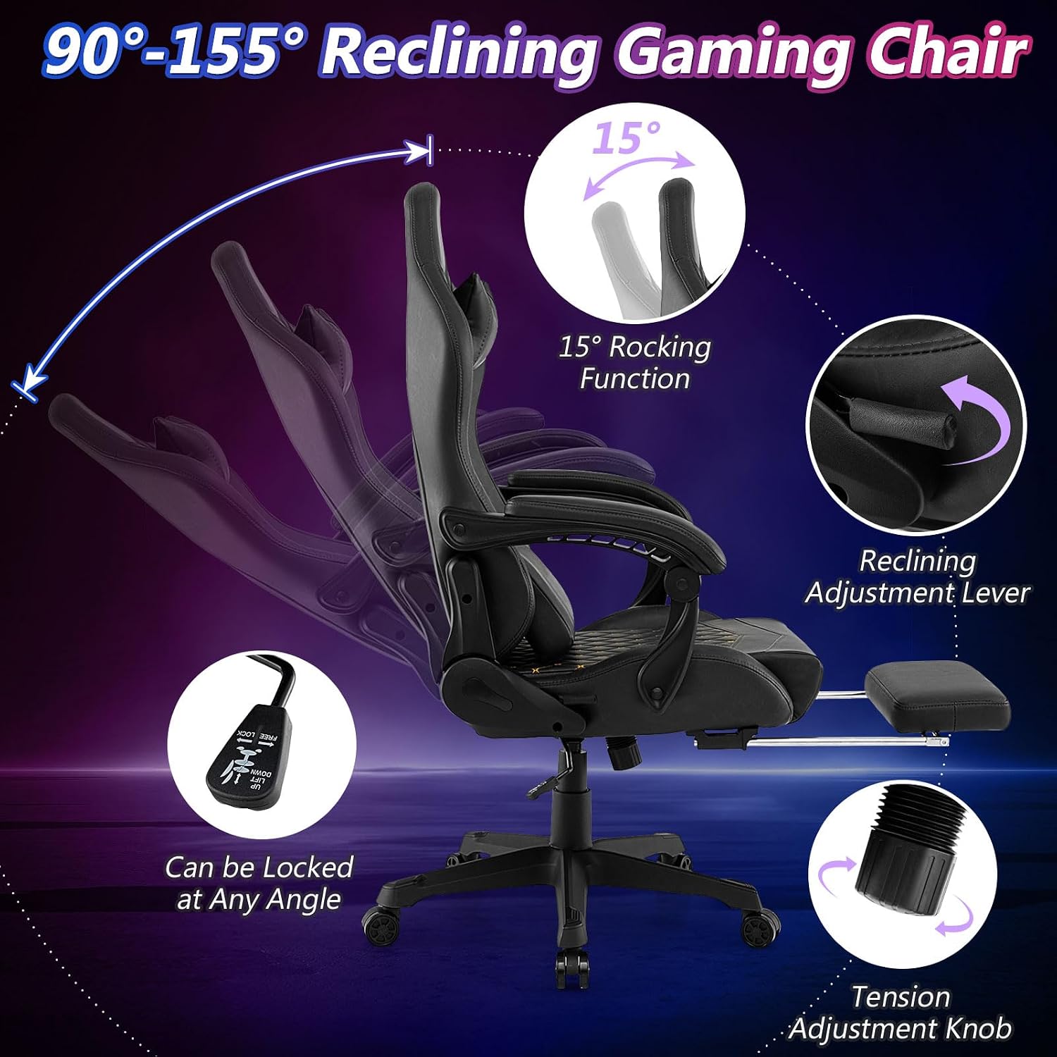 Giantex Gaming Chair, High Back Video Game Chair with Footrest, Headrest & Lumbar Support, Ergonomic Computer Chair w/Rocking Function, Height Adjustable Swivel Task Chair, Black