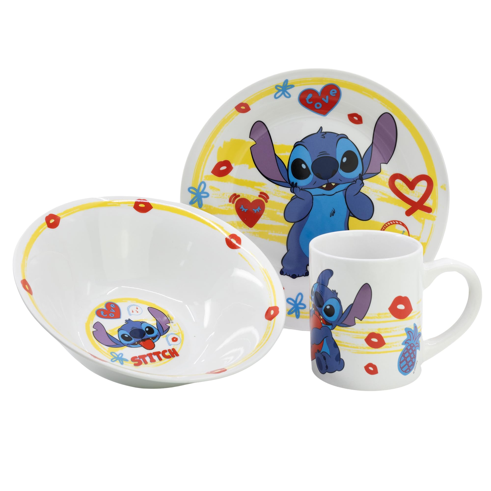 STOR Children's Tableware Set Stitch - Ceramic Plate, Bowl and Mug - Complete Dinnerware Gift Box for Kids