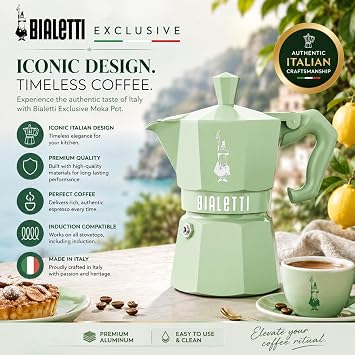 Bialetti - Moka Exclusive: 6 Cups Ocak Üstü Espresso Pişirici - 270ml - Yeşil Renk - Alüminyum Gövde - Patentli Güvenlik Valfi - Tüm Ocak Türleri İçin Uygundur (İndüksiyon Hariç)