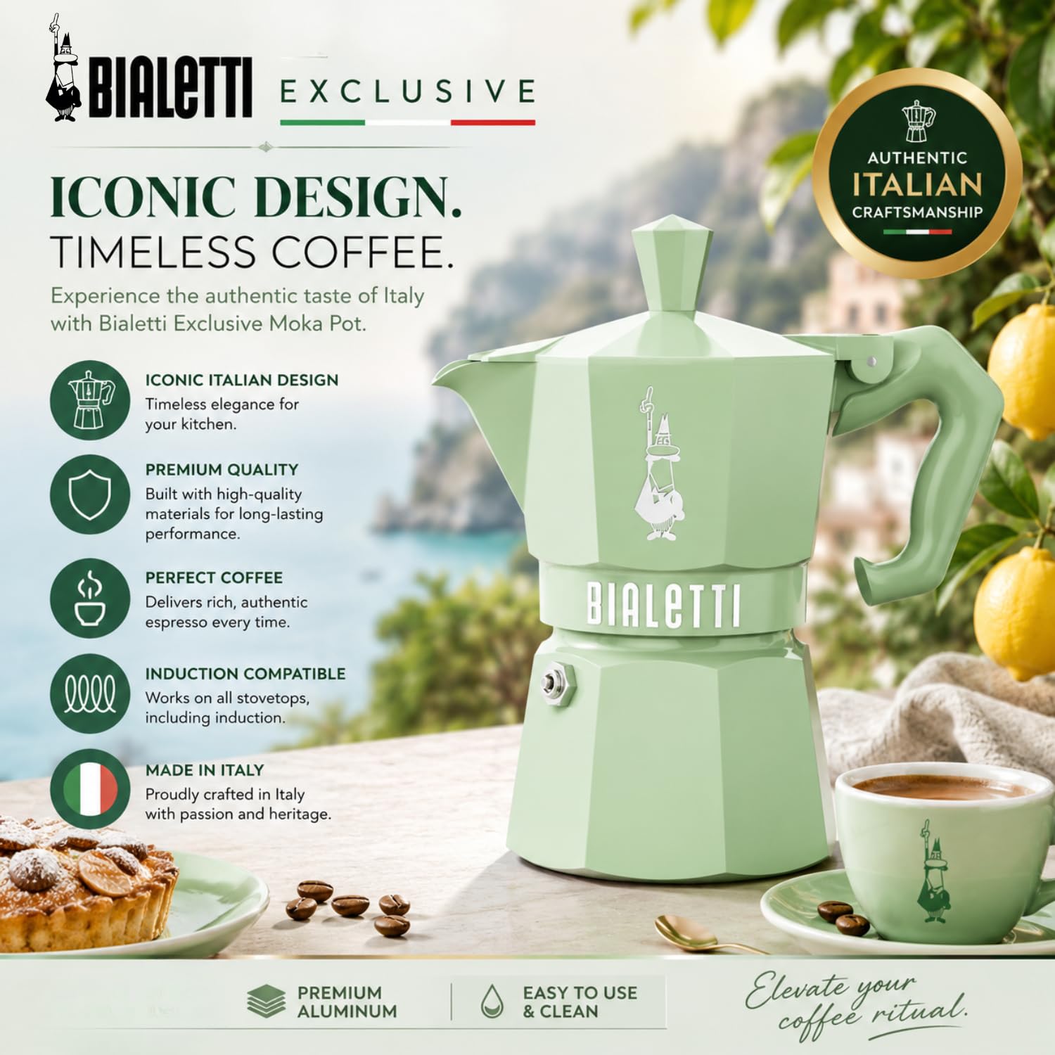 Bialetti CAFETERA Italiana 0009058 Moka Exclusive Verde 6T VITRO