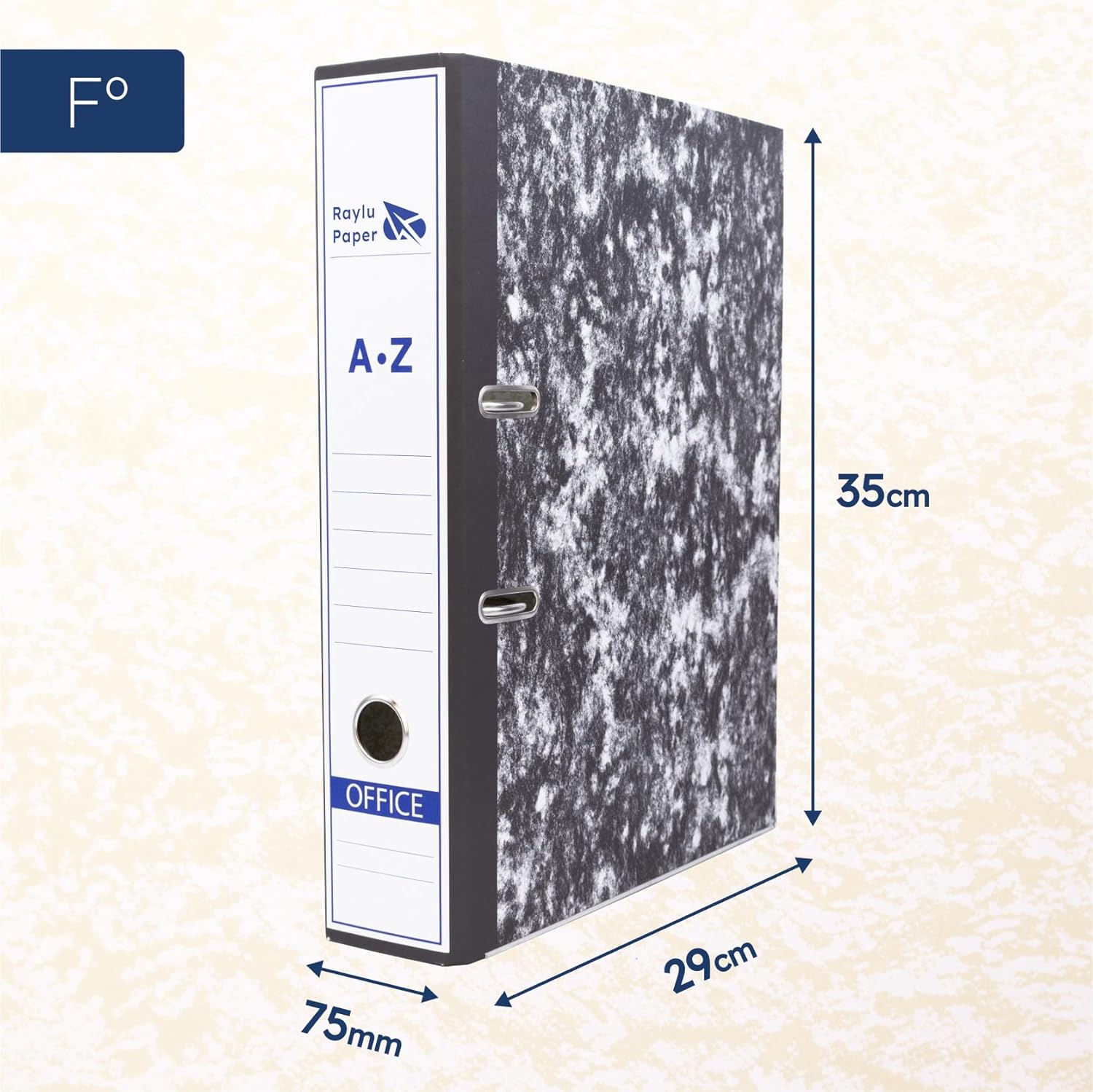 Raylu Paper Folder with Marl Rings, Folder with Spine Width 75 mm, Folio-Fold Format, 2 Ring Binder with Soft Opening Lever and Adjustable Spine.