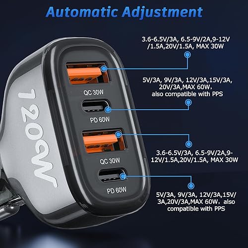 Miniatura 4 de Cargador de coche USB C de 120 W, adaptador de cargador de coche USB con 4 puertos SONRU para encendedor de cigarrillos, 2 PD 60W+2 QC3.0 30W Carga