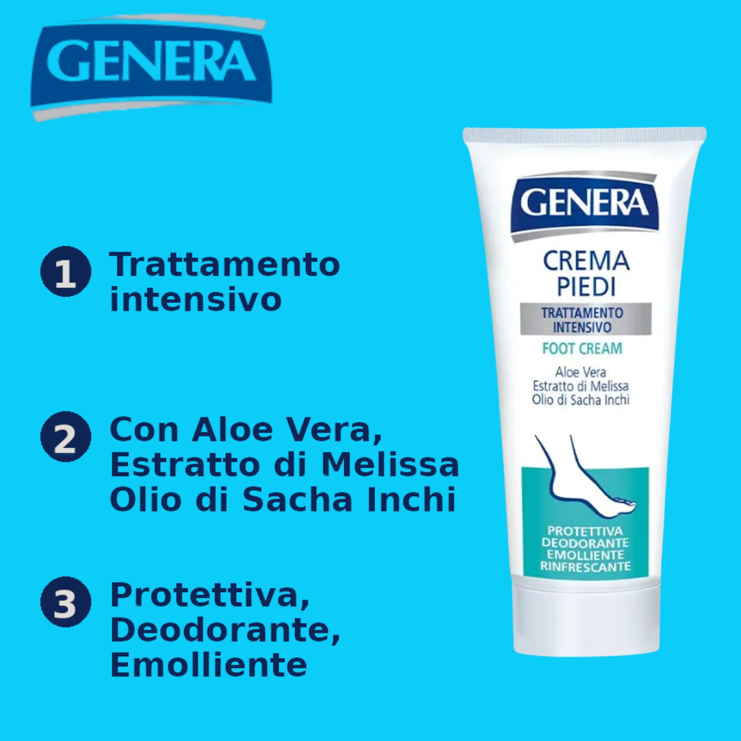 GENERA - CREMA PIEDI FEET CREAM TRATTAMENTO INTENSIVO CON ALOE VERA ESTRATTO DI MELISSA OLIO DI SACHA INCHI PROTETTIVA DEODORANTE EMOLLIENTE - TUBO 100 ML
