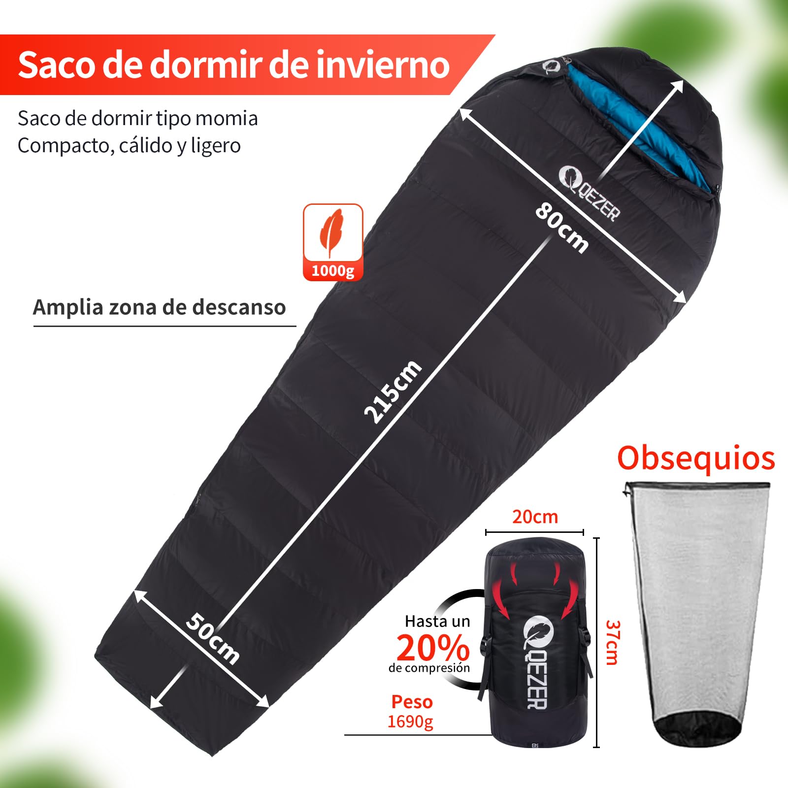 [Plumón] Saco de Dormir 0 Grados [-28℃~8℃] Saco de Dormir de Invierno 1kg/1.5kg Relleno de plumón - Adultos y niños-Sleeping Bag para Camping, Senderismo y Acampada (Negro 0°C-UK)
