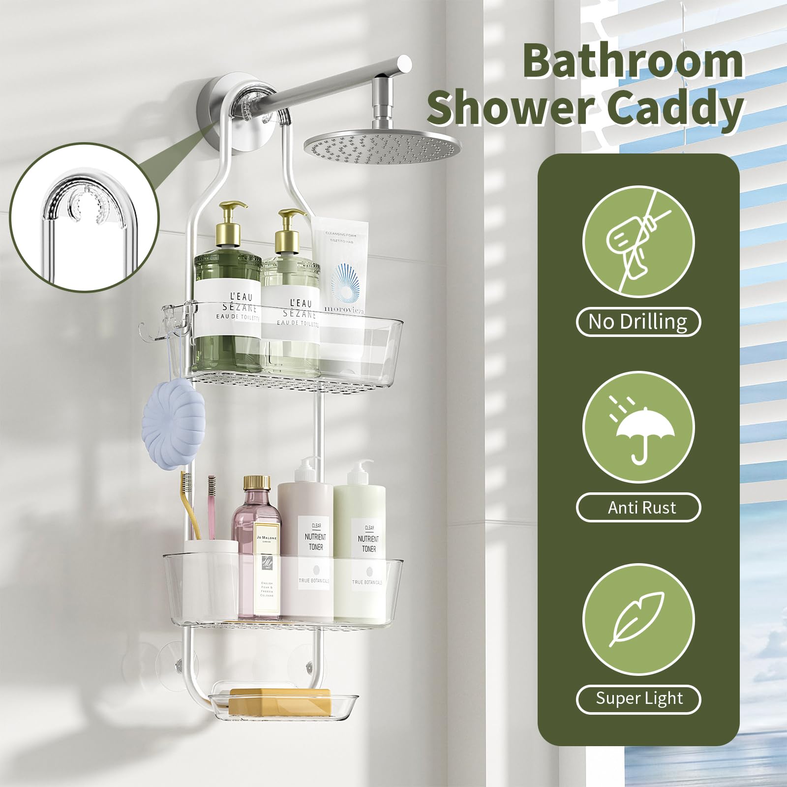APLOP Shower Caddy Hanging 3-Tier,No Drill Rustproof Aluminum,Shower Storage Organiser with Soap Holder & Hooks,Easy Install Bathroom Shelf - Image 3