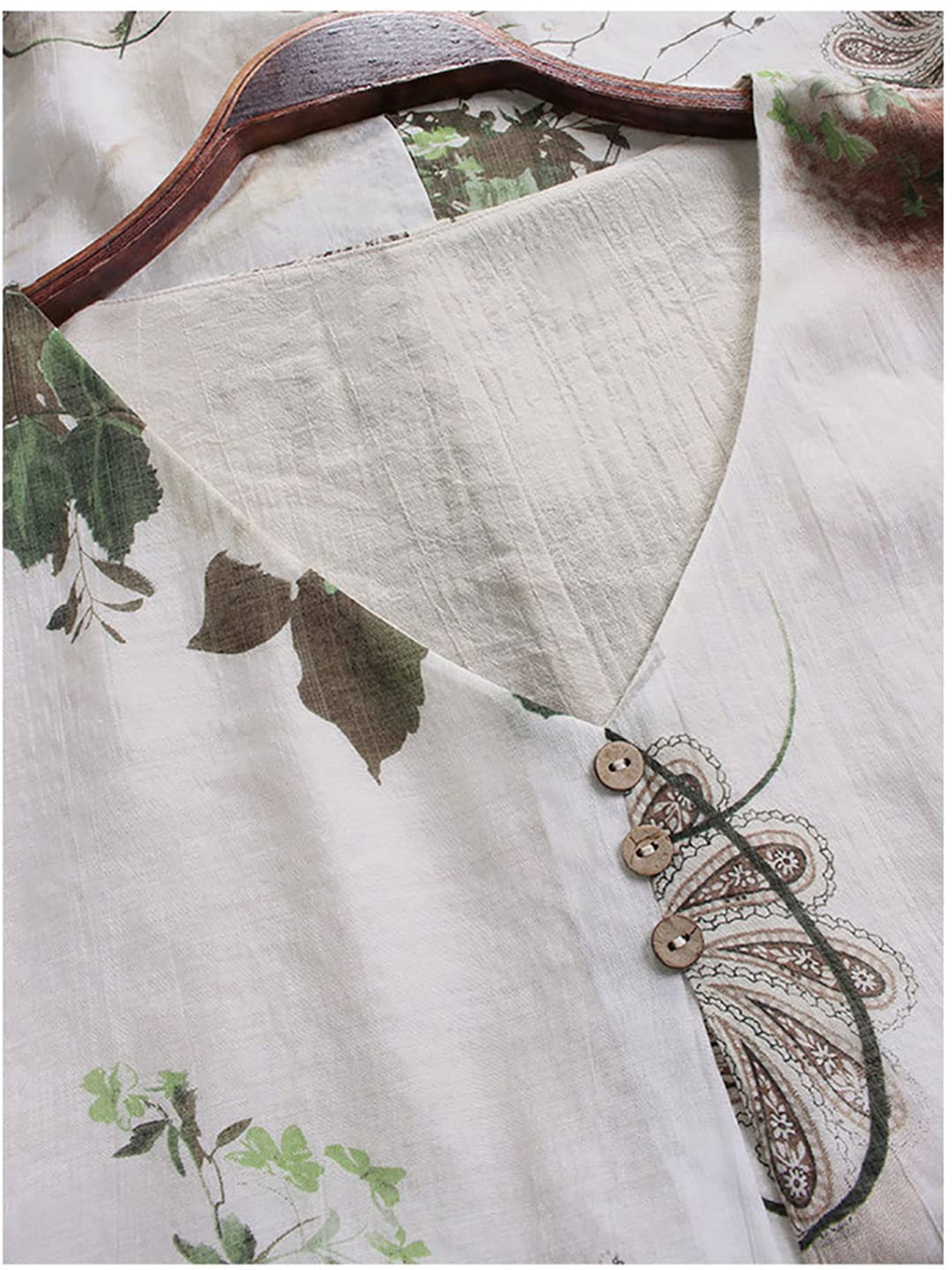 Camisa de Manga 3/4 con Cuello en V para Mujer, túnica Informal Suelta de algodón y Lino, Blusa Informal Suelta de Verano con Flores