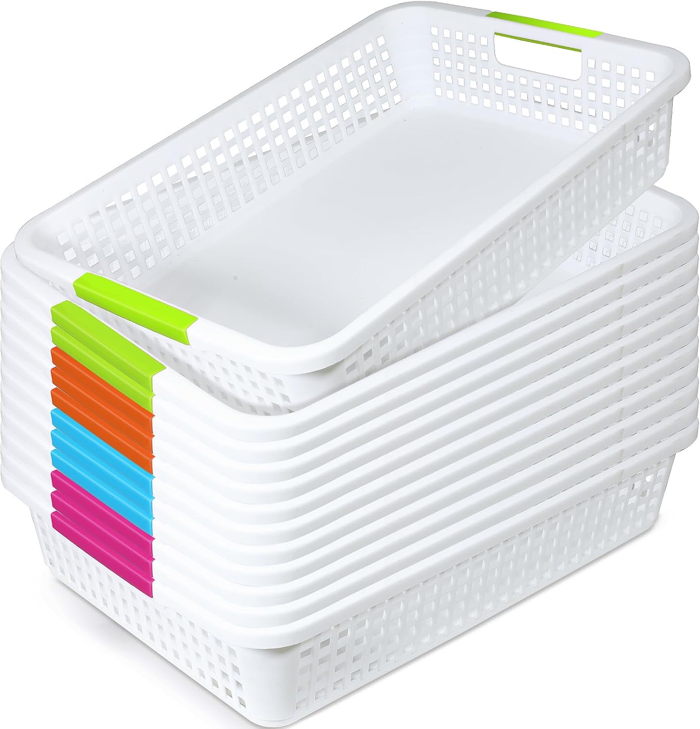 12 Pack Classroom Storage Baskets 15''x10''x3'' Large Plastic Classroom Paper Trays with Handle Letter Size A4 Paper Toy Basket Turn in Trays for Library, Office Desk Drawer Organizing (12, White)