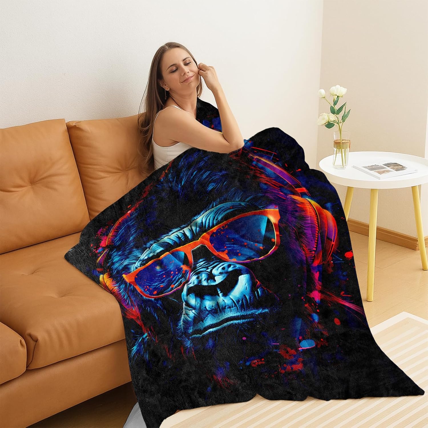 Cool Gorilla Flannel Blanket 50x60in for Dorm Picnic Camping,Animal with Headphone Neon Art Style Throw Blankets,Home Decoration,Warm All Season Use,Thoughtful Gifts for Teens Men - Image 2