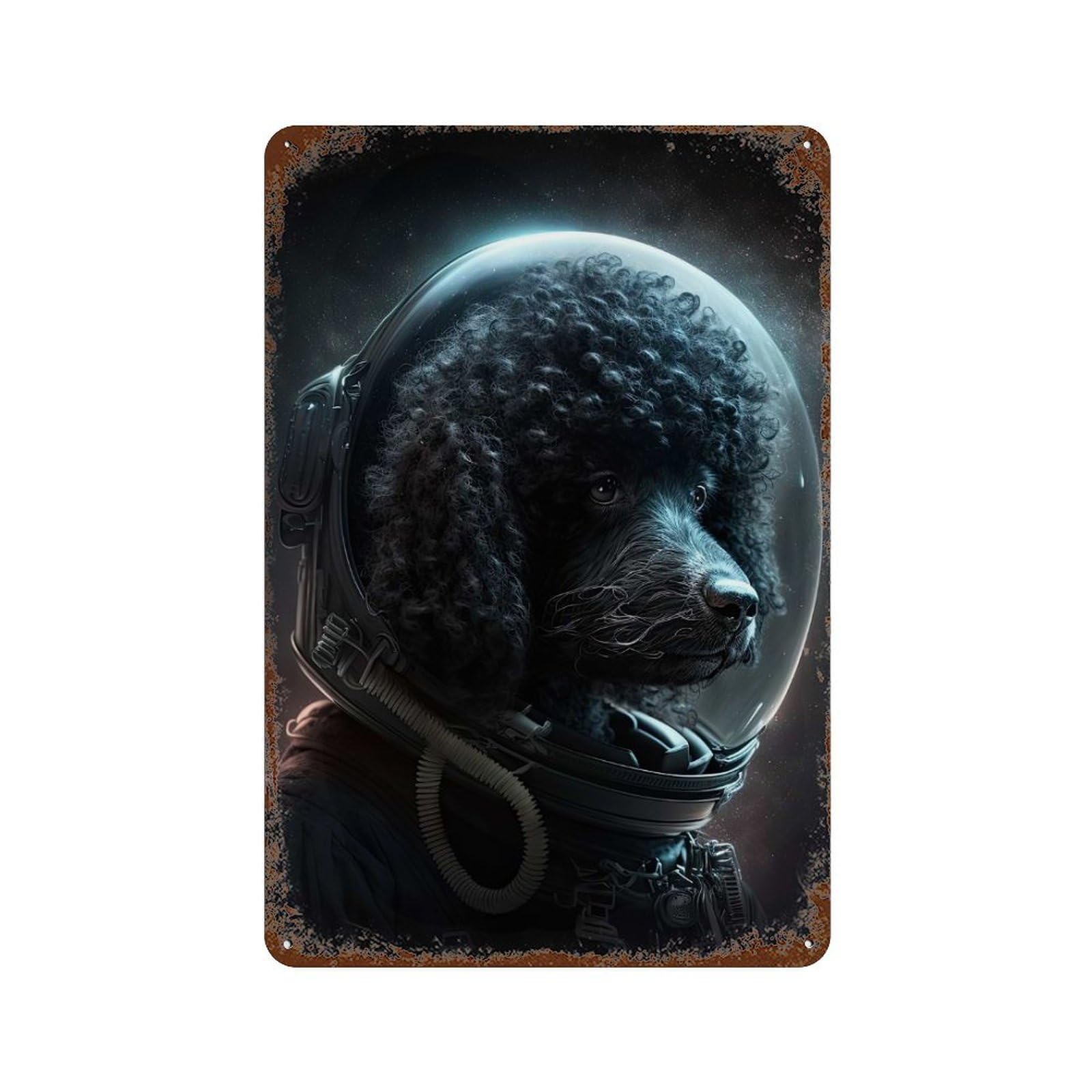 Weathered Tin Sign with Black Poodle Astronaut Design 11.8"x7.9", for Shed, Workshop And Garage Wall Decor, Decorative Metal Wall Art