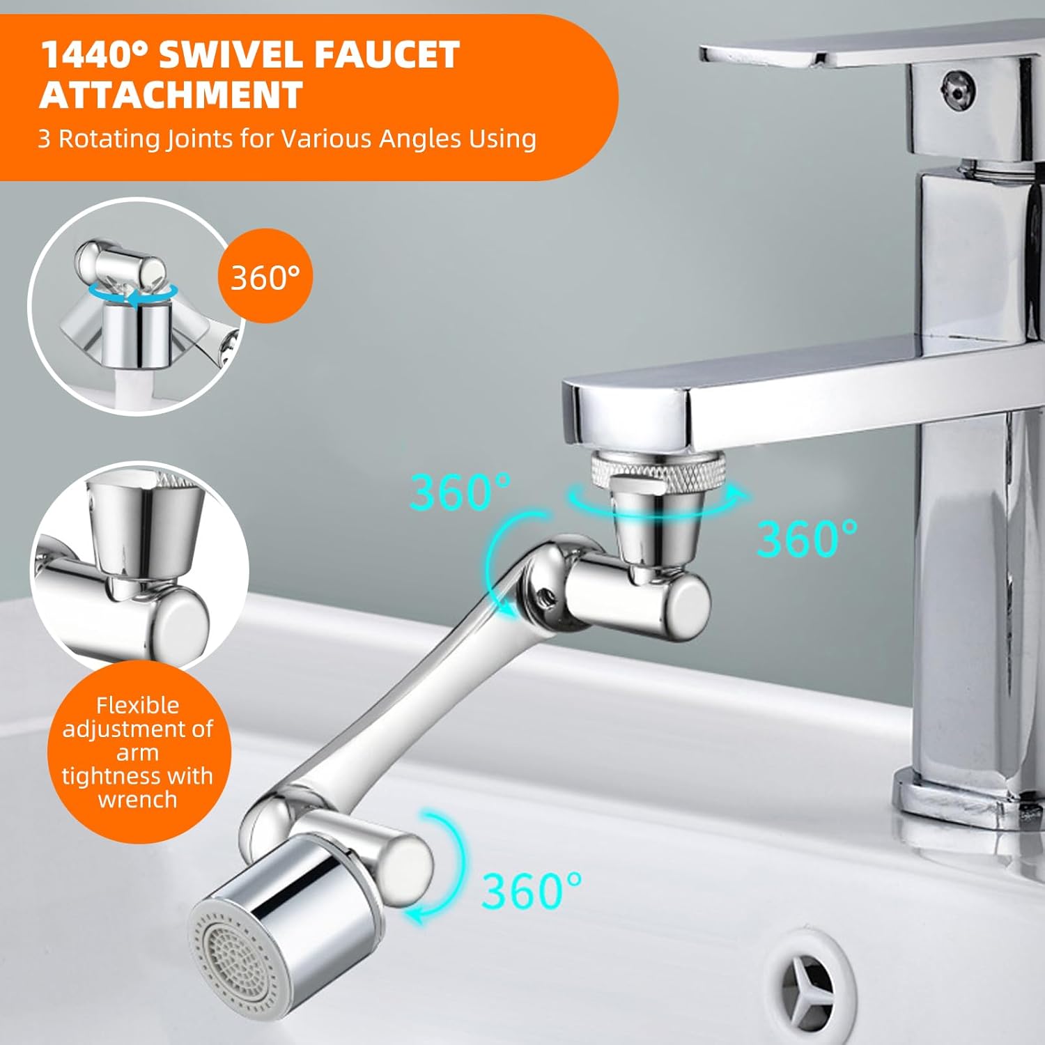 1080° Swivel Faucet Extender, 360° Swivel Robotic Arm Faucet Aerator, 2 Mode Splash Water Filter Extension, Multifunctional Universal Model Sink Faucet Adapter for Kitchen/Bathroom Sink
