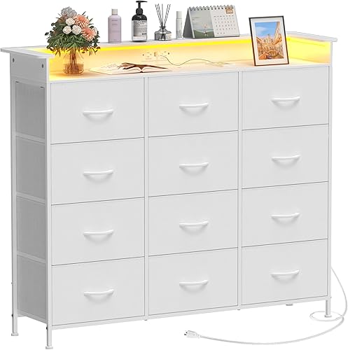 Miniatura 3 de Cómoda Blanca con Luces LED y Estación de Carga para Dormitorio, 12 Cajones, Cómodas y Cajoneras, Cómodas Altas para Pasillo, Entrada, Closets, Sala