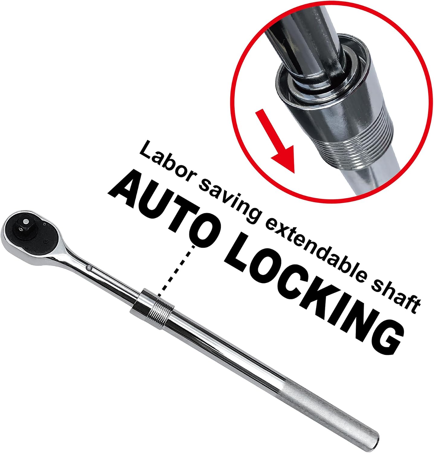 MacWork 3/4" Drive Extendable Ratchet Handle, Extends 19.5in to 30.5in, Quick Release, 24-Tooth, with 8-Inch Extension Bar