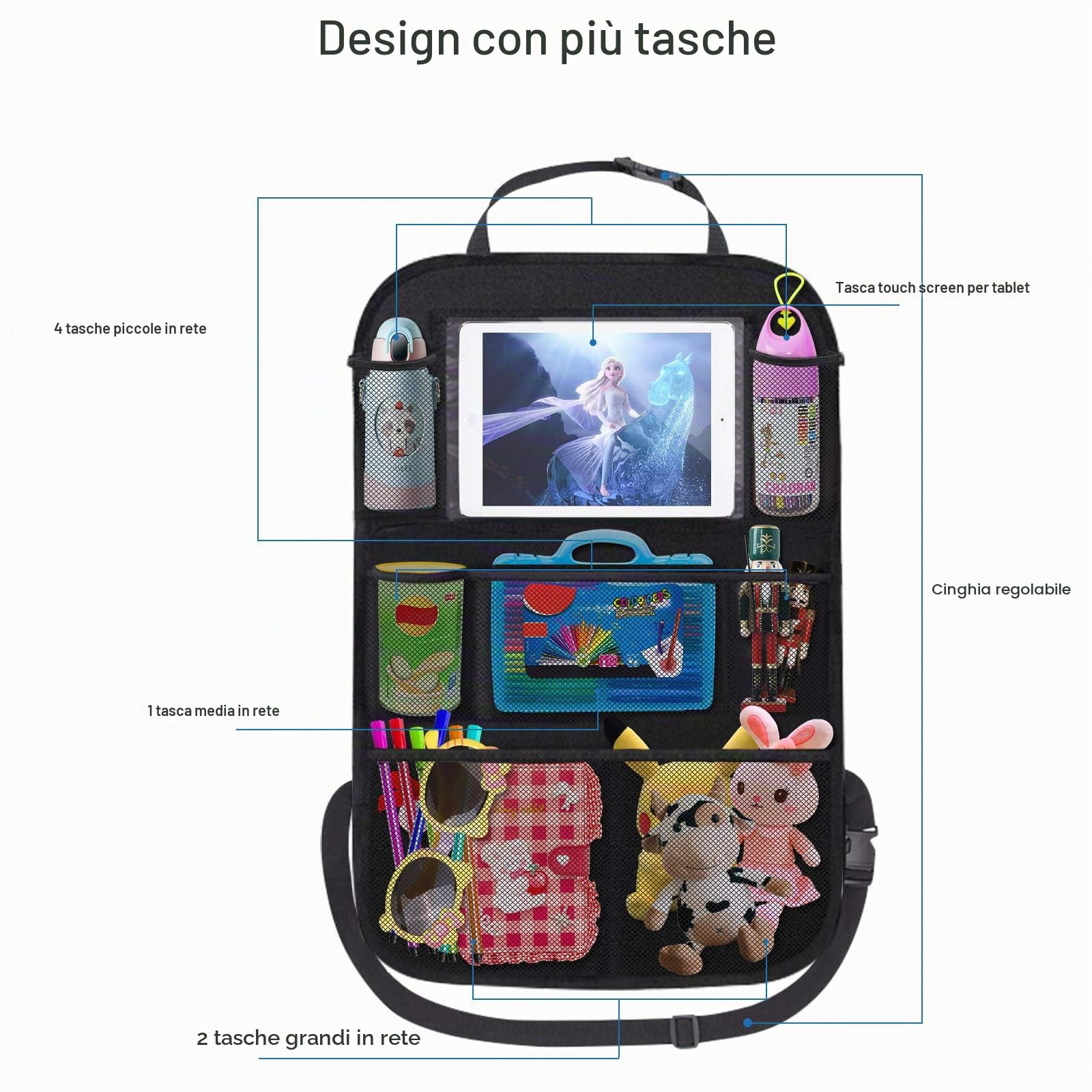 Organizer Sedile Auto Bambini, 2 Pcs Protezione Proteggi Sedile Posteriore con Multi-Tasca Portaoggetti (9 Pocket), Impermeabile Organizzatore Auto con Supporto Trasparente per 10” ipad Tablet