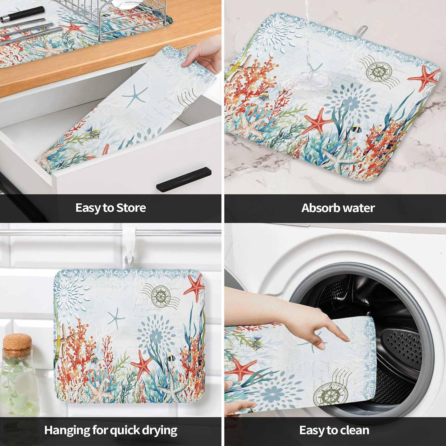 Dish Drying Mat Set of 2 Ocean Coral Seagrass Microfiber Absorbent Reusable Washable Dish Drying Rack Mat Summer Blue Coffee Mat for Coffee Maker Bar Kitchen Countertops 16x18inch