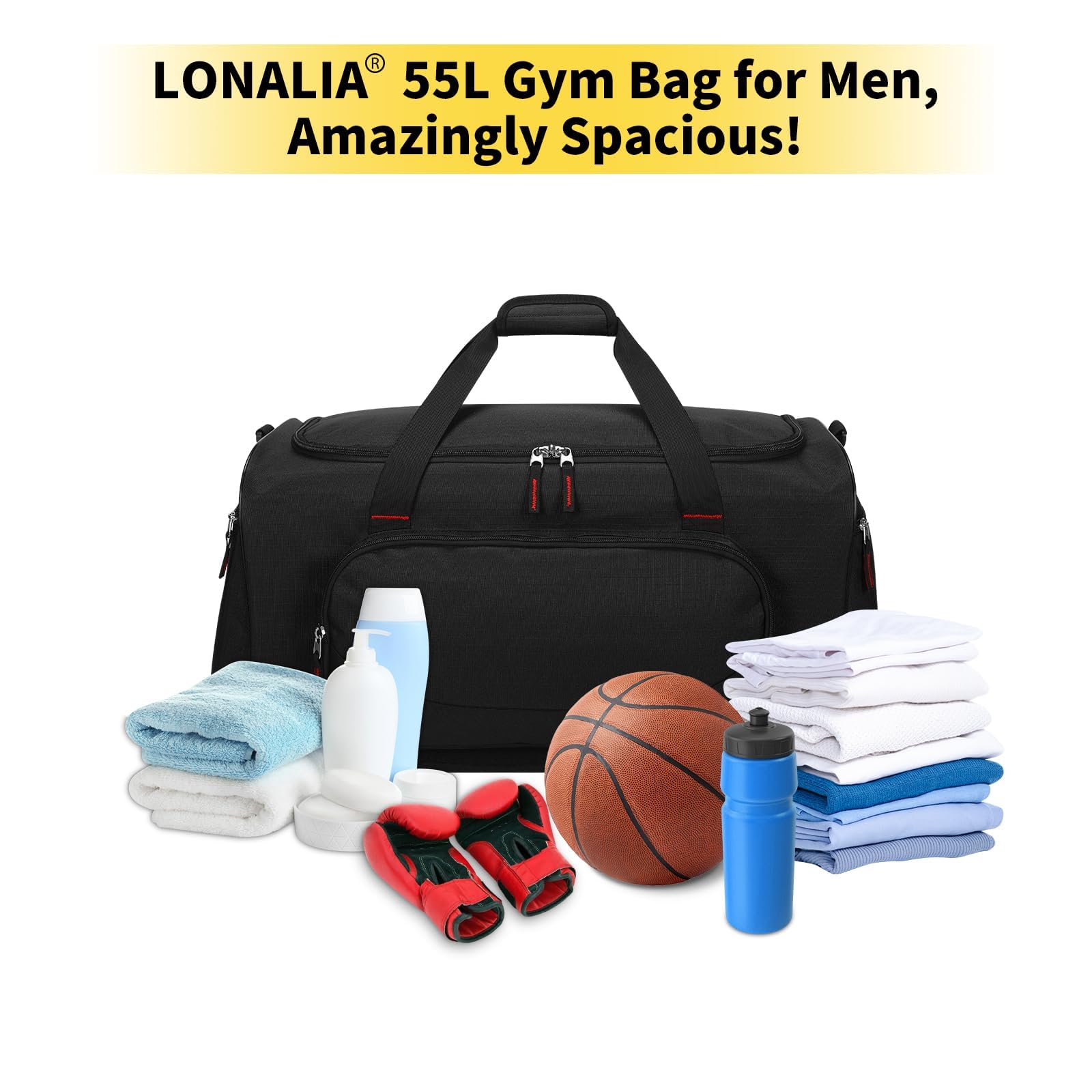Grand Sac de Sport Homme 55L - Sac de Fitness Voyage Gym - Noir