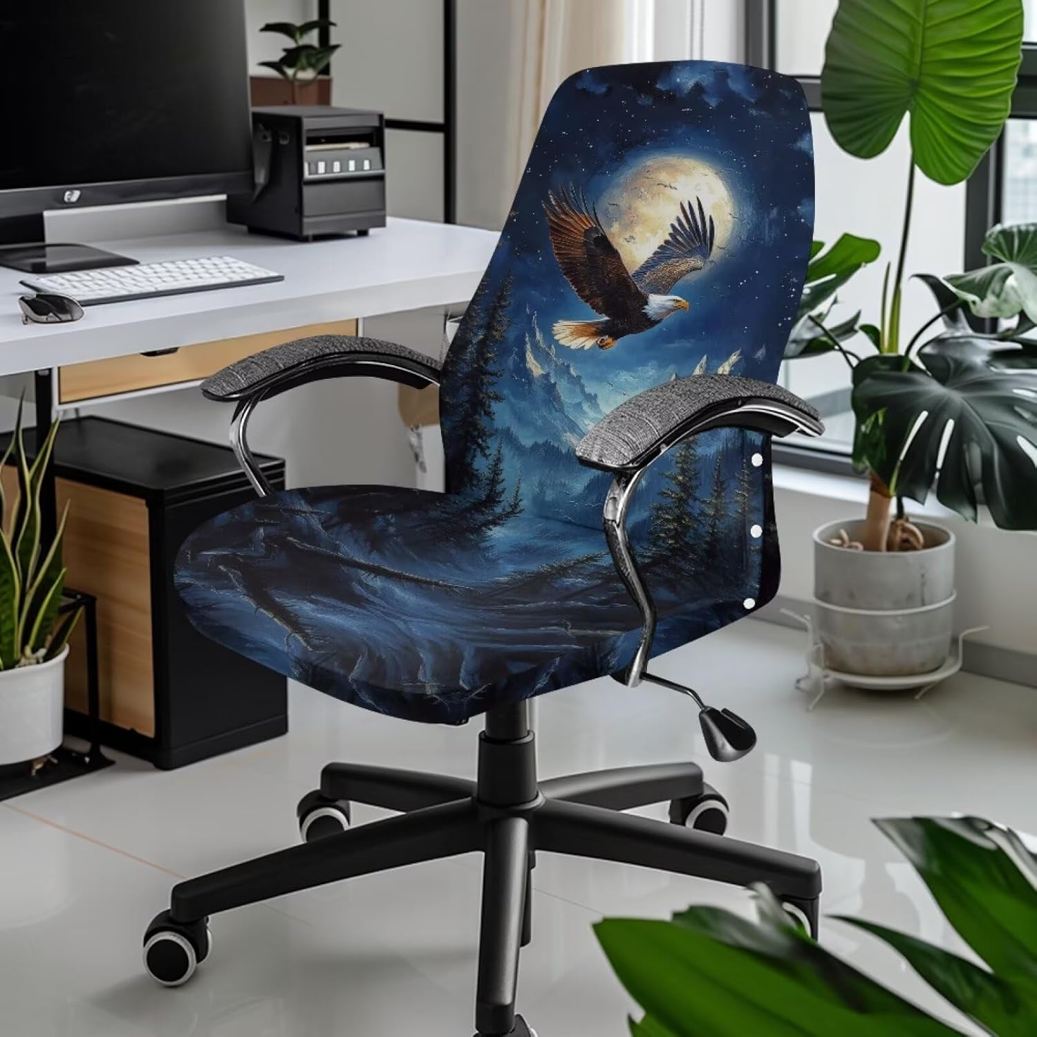 Talayituse Eagle Forest Moon Print Office Computer Chair Covers, Stretchable Rotating Chair Cover Removable Washable Rotating Chair Protective Slipcover, Large