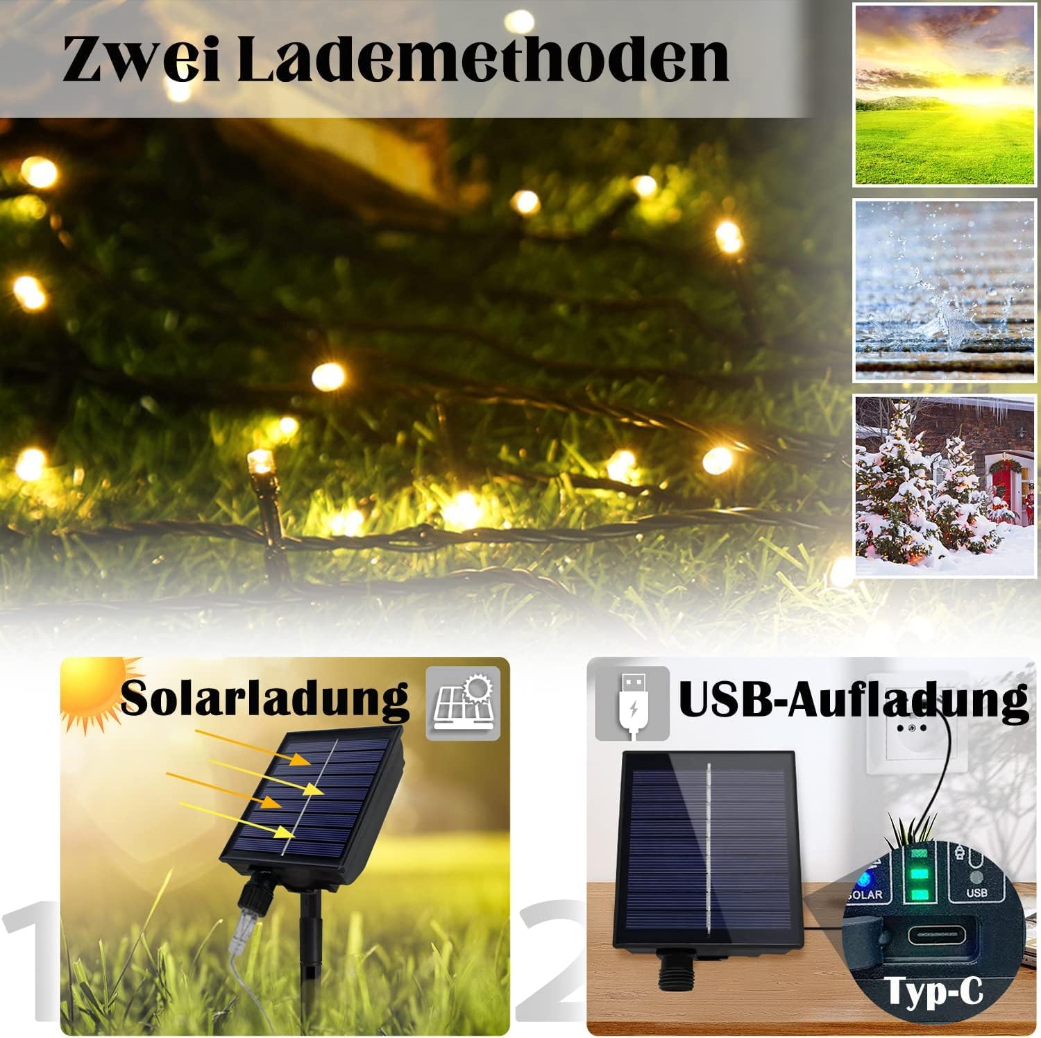 FIVMEN Cadena de luces solares para exteriores, 100 m, 1000 LED, resistente a la intemperie, resistente al agua, IP44, con panel solar y USB, decoración navideña, iluminación para exteriores, blanco