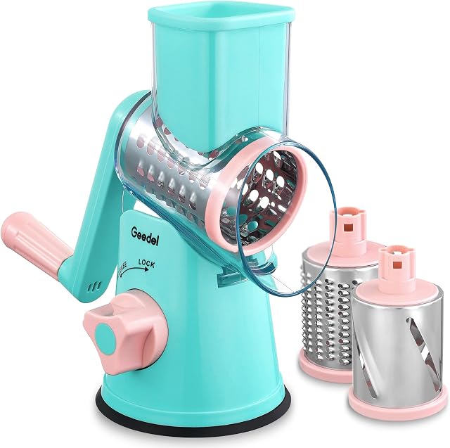 Rotary Cheese Grater, Vegetable Slicer with Three Drum Blades, Grater for Kitchen Faster and Easy Cutting, Rotary Drum Grater Ideal for Cheese, Cucumber, Carrot. etc