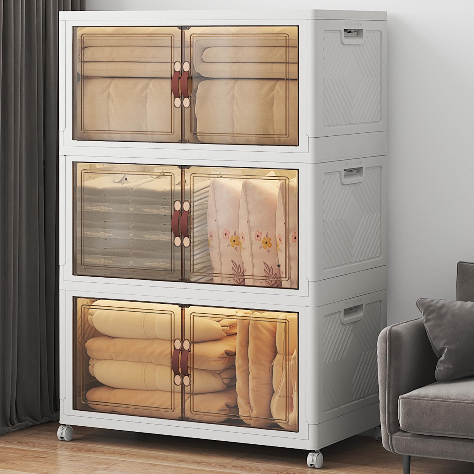 Extra Large Stackable Storage Bins, Lockable Storage Bins with Lids, Folding Storage box with Doors and Wheels, Collapsible Plastic Drawers for Home, Garage, Office (3, White, Extra Large) White Extra Large 3