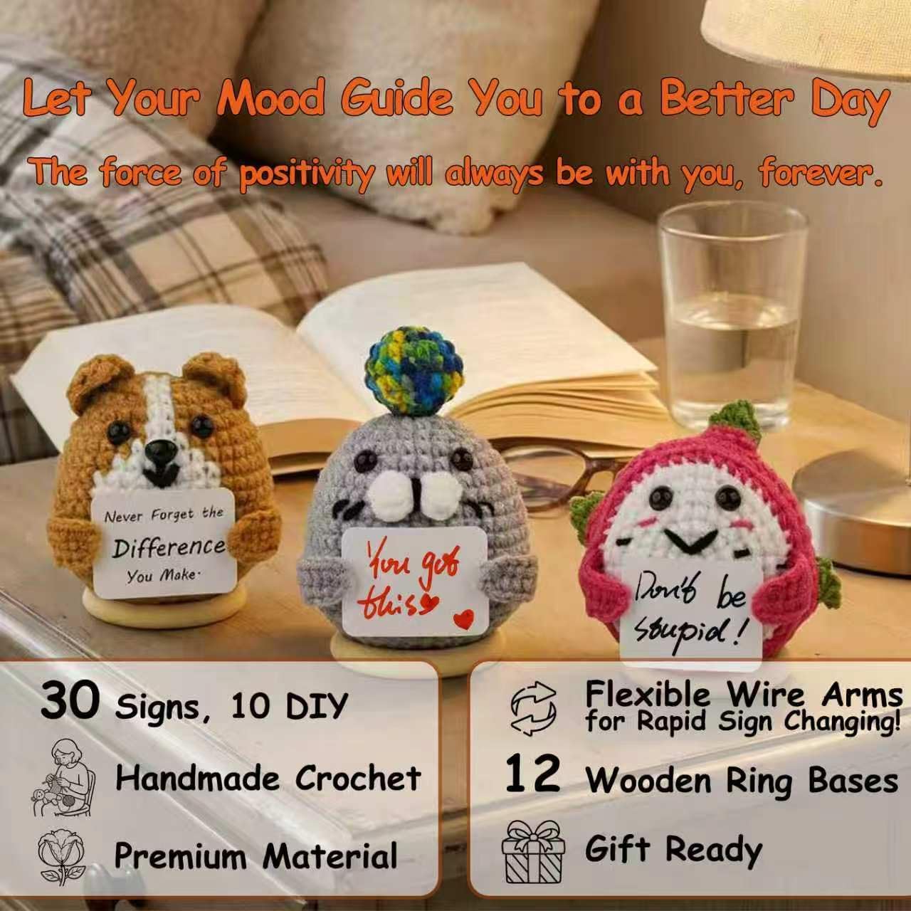 9Pcs Positive Crochet Mini Animals Fruit with 30 Swappable Cards Birthday Bulk Gifts for Coworkers Kids Adults Women Men Teens Handmade Staff Employee Appreciation Thank You Gift Small Cute