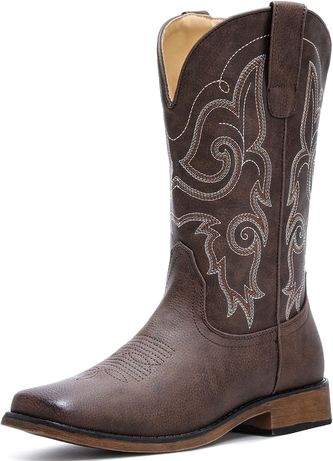 IUV Cowboy Boots For Women Square Toe Wide Western Boots Mid Calf Cowgirl Boots Pull On Fashion Embroidered Cowboy Boots