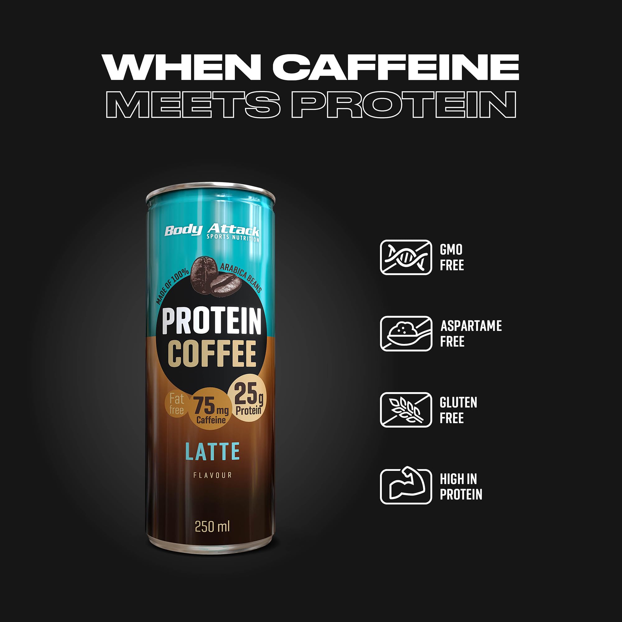 Body Attack Protein Coffee – Coffee Latte, 12 x 250ml (inkl. Pfand) - Protein Eiskaffee - erfrischender Eiskaffee fettarm mit 25 g Eiweiß, 75 mg Koffein - aus 100% Arabica Kaffeebohnen | Protein Eiskaffe, erfrischender Eiskaffee fettarm mit 25 g Eiweiß, 7