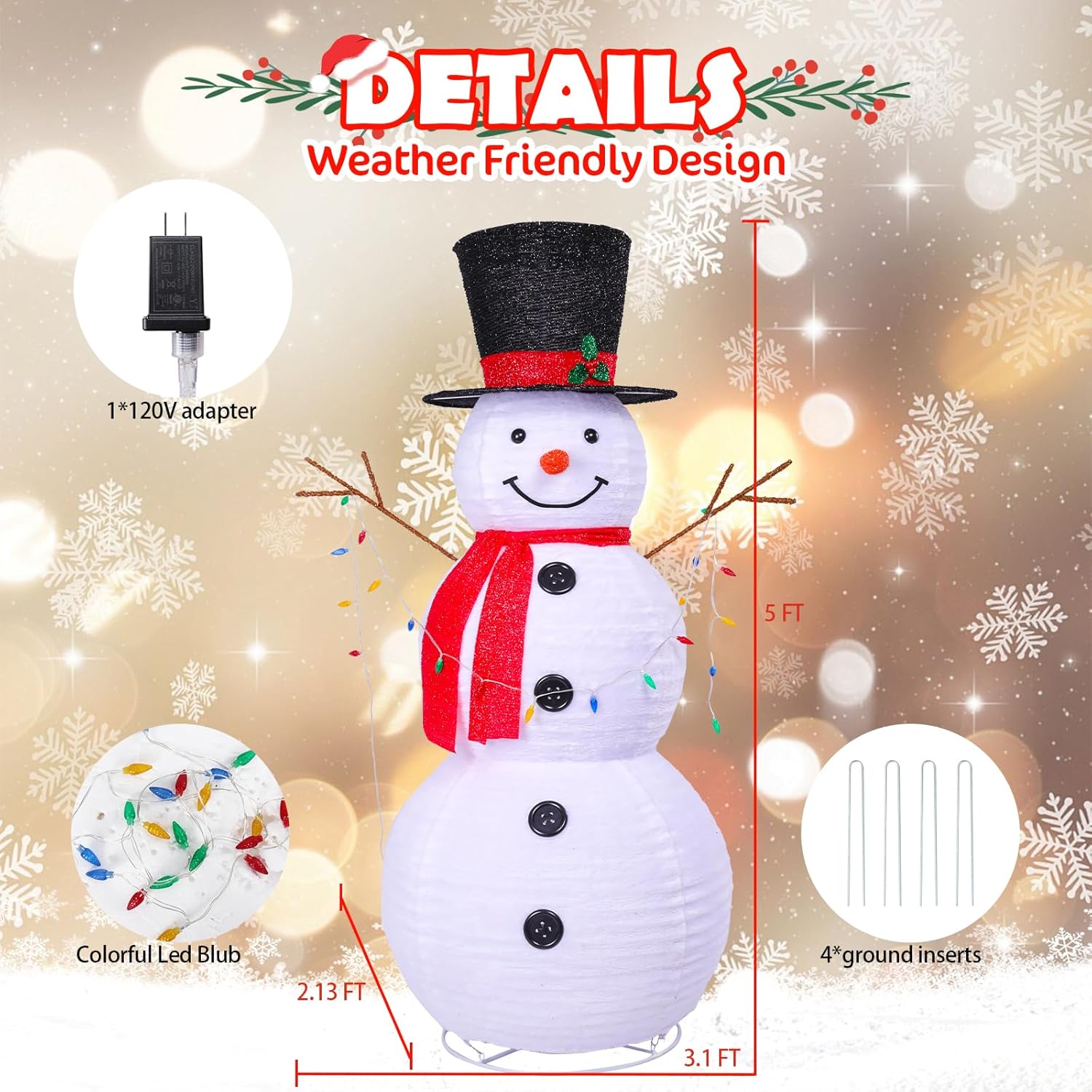 MUMTOP Outdoor Snowman Lighted, 5FT 100 LED Lights Pop-Up Snowman, Light Up Collapsible Snowman with Multicolored Blub Lights Hat, and Scarf for Holiday, Party, Yard Indoor Home Decor Gift