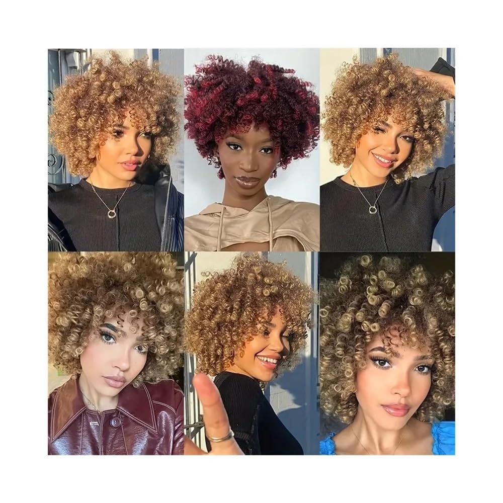 Hair Toppers für Frauen Kurze Haare Afro verworrene lockige Perücke mit Pony afrikanische synthetische Perücken for Frauen(Dark Brown)