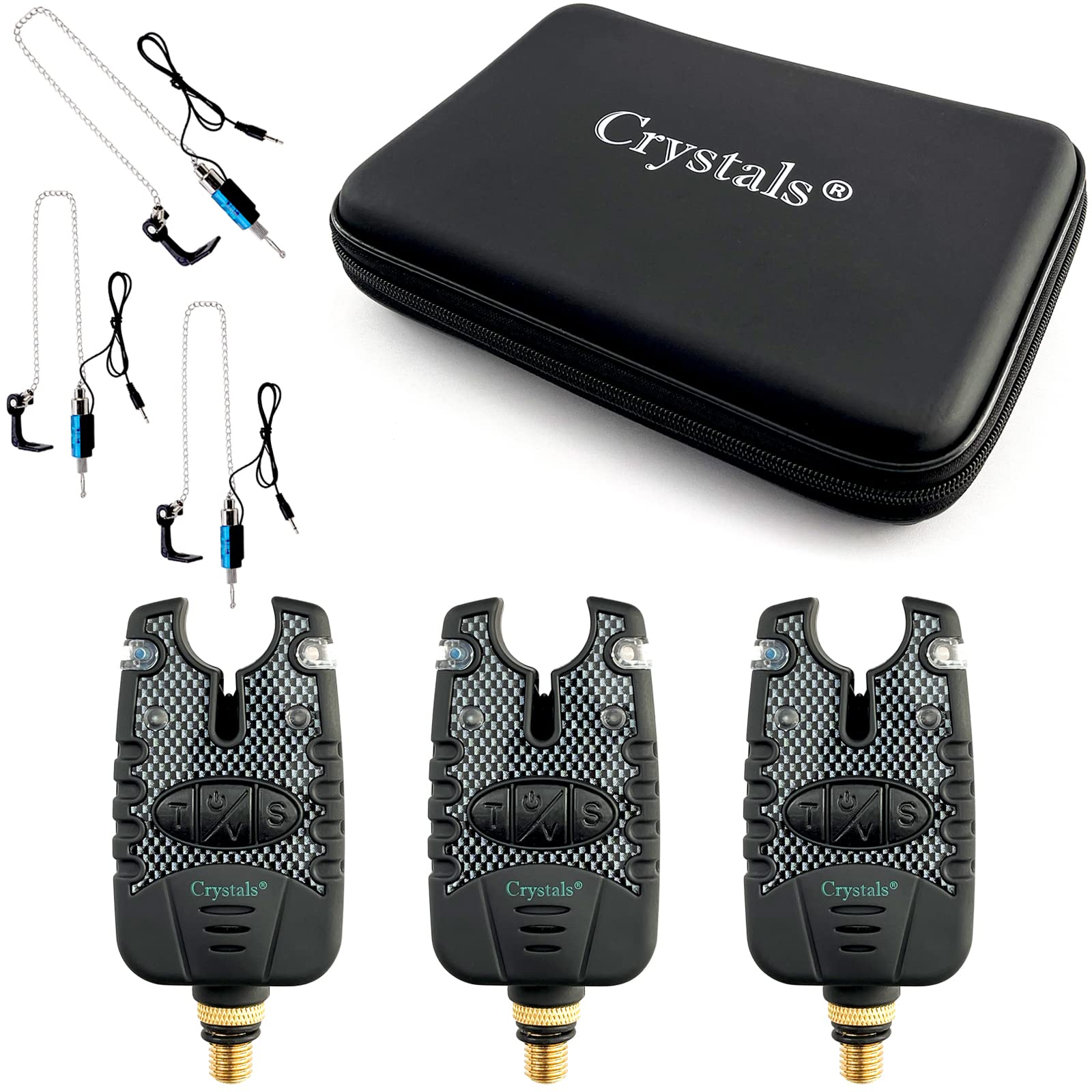 Crystals 3PC Fishing Bite Alarm, Carp Fishing Bite Alarm Set with Adjustable Volume & Tone – Fishing Swinger Indicators Included – Compact Case – Ideal for Carp Angling, Night & Day Fishing_Black