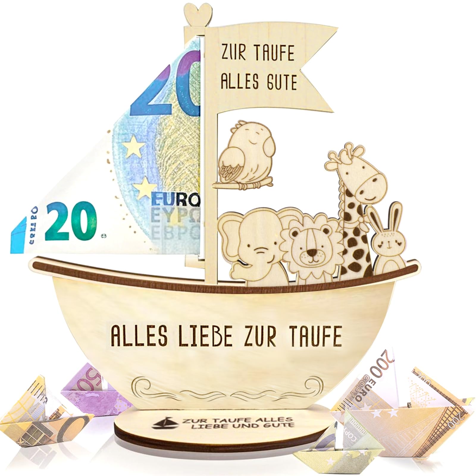 Taufgeschenke für Jungen und Mädchen mit LED Lichterkette, Alles Liebe zur Taufe, Holz Boot mit Basis, Geschenke Baby,Geburt Taufe Geldgeschenk, Geschenk zur Taufe Junge Mädchen (Beige)