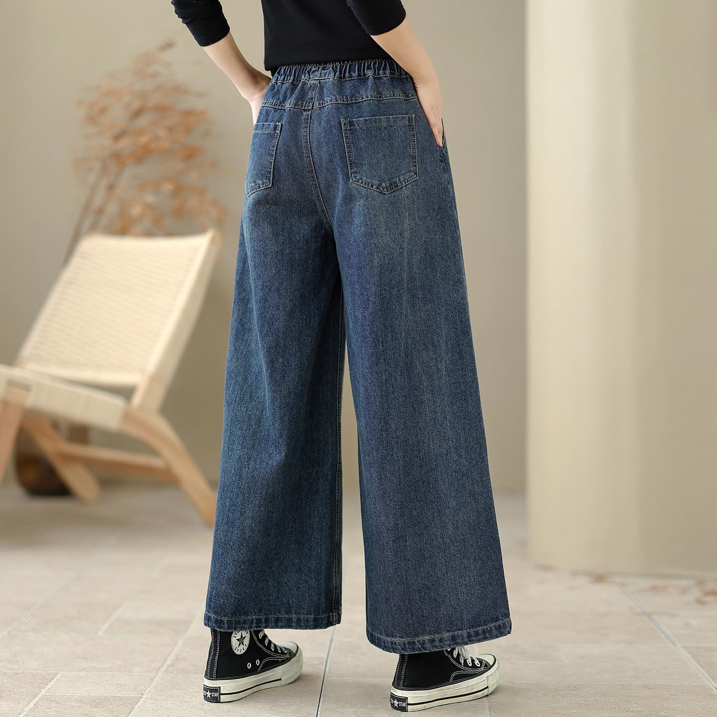 Women Wide Leg Casual Trouser High Waist Embroidered Loose Jeans