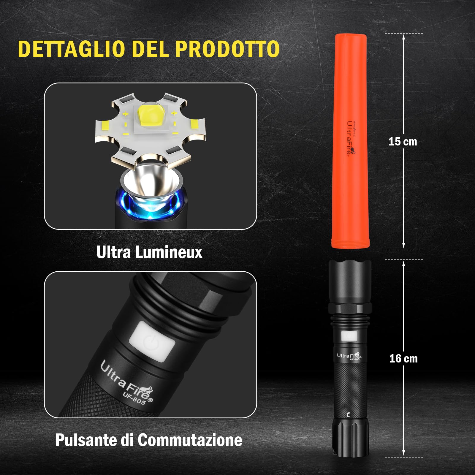 UltraFire Torcia a LED ricaricabile da 12 pollici, 619 lumen, torcia di sicurezza, 3 modalità con lampeggio rosso, USB-C, per il controllo del traffico, aeroporto, vigili del fuoco, parcheggio