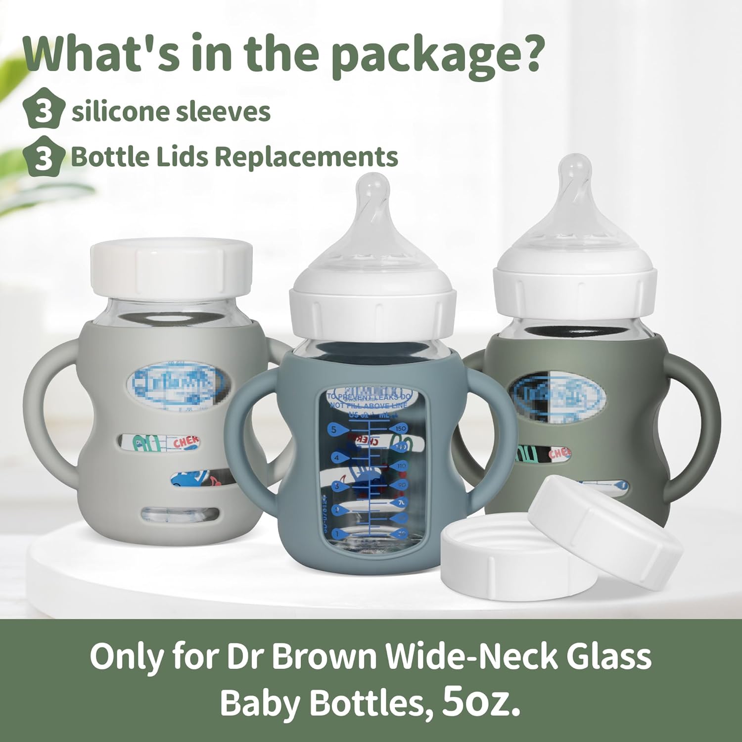 3 Pack Silicone Sleeves for Dr Brown Wide-Neck Glass Baby Bottles, Food GradeAnti Breakage Baby Bottle Holder with Handles and 3pcs Travel Bottle Caps, 5oz - Image 3