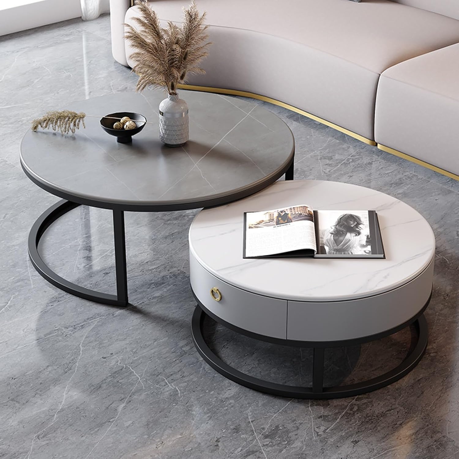 Amazon.com: Round Coffee Table Set of 2 Modern Nesting Frame Circular ...