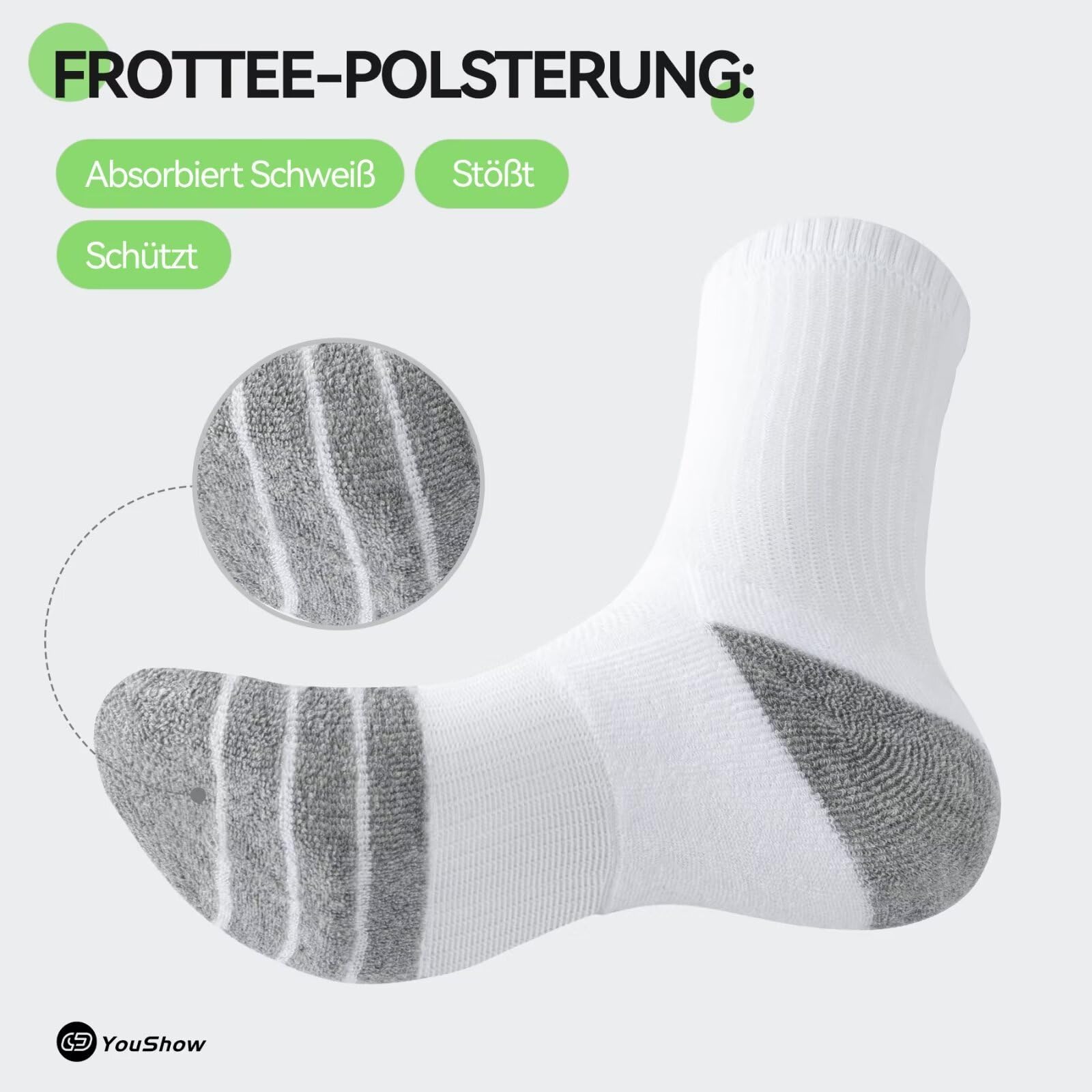 YouShow 6 paires de chaussettes Hommes Chaussettes de Tennis Femmes Chaussettes de Sport Chaussettes de Randonnée Crew Rembourrées Respirantes Douces Chaussettes en Coton