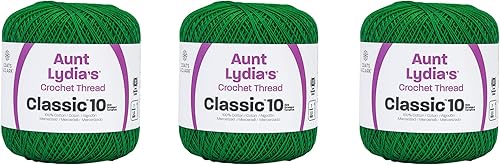 Aunt Lydia Classic Myrtle Green Crochet - Paquete de 3 unidades de 350y1,049.9 ft - Algodón - Calibre 10 - Crochet