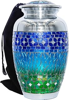 NWA Custom Engraved Medium Size Blue Green Mosaic Funeral Cremation Urn for Pets or Humans