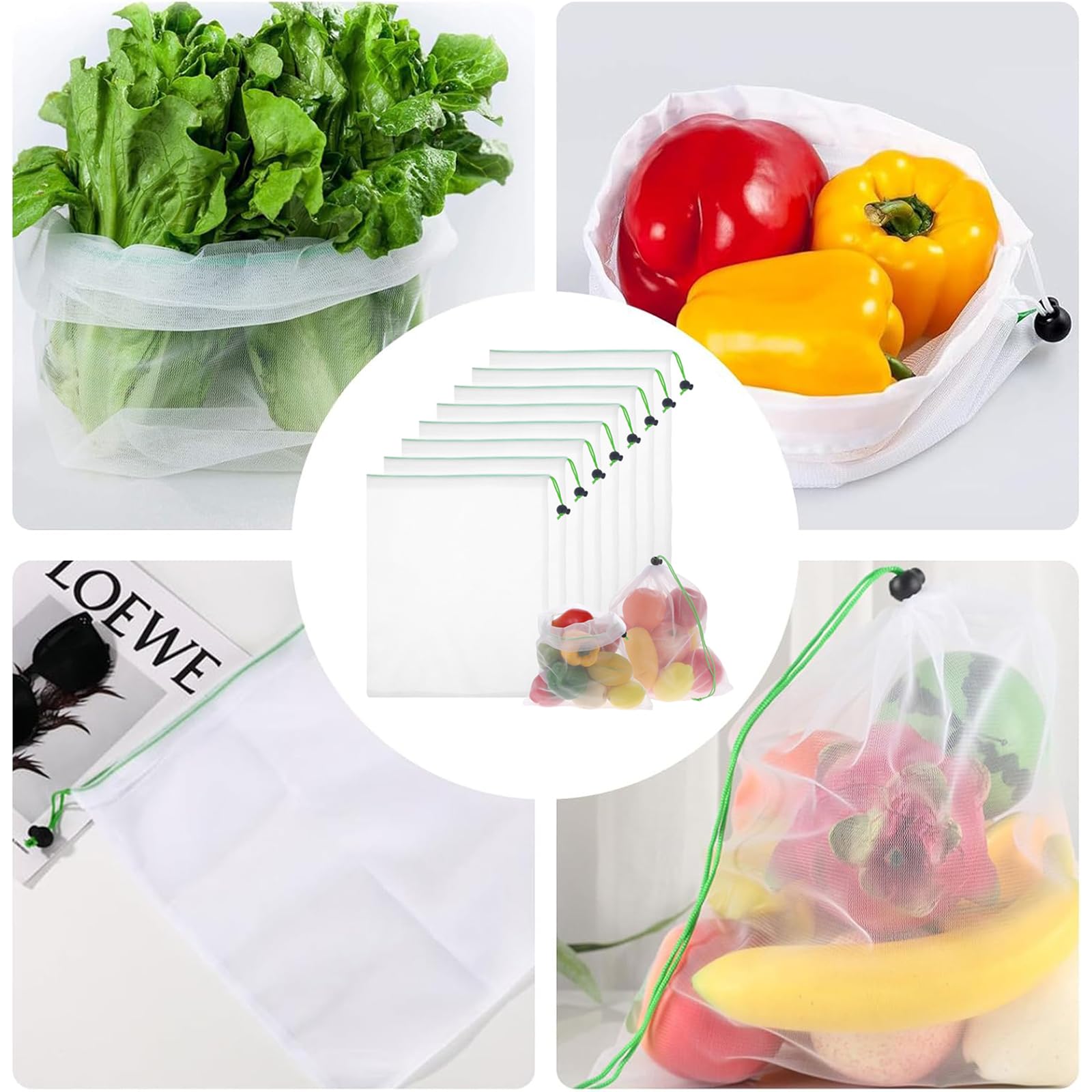 Sacs en Filet Réutilisables 8 PCS pour Fruits et Légumes avec Cordon de Serrage