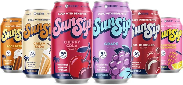SunSip Prebiotic Soda With Benefits - Gut-Healthy Beverage with Vitamins and Minerals, Soda Alternative, Naturally Sweetened with 6g of Sugar or less, 11.5 oz (12 Pack) Soda Sampler Variety Pack