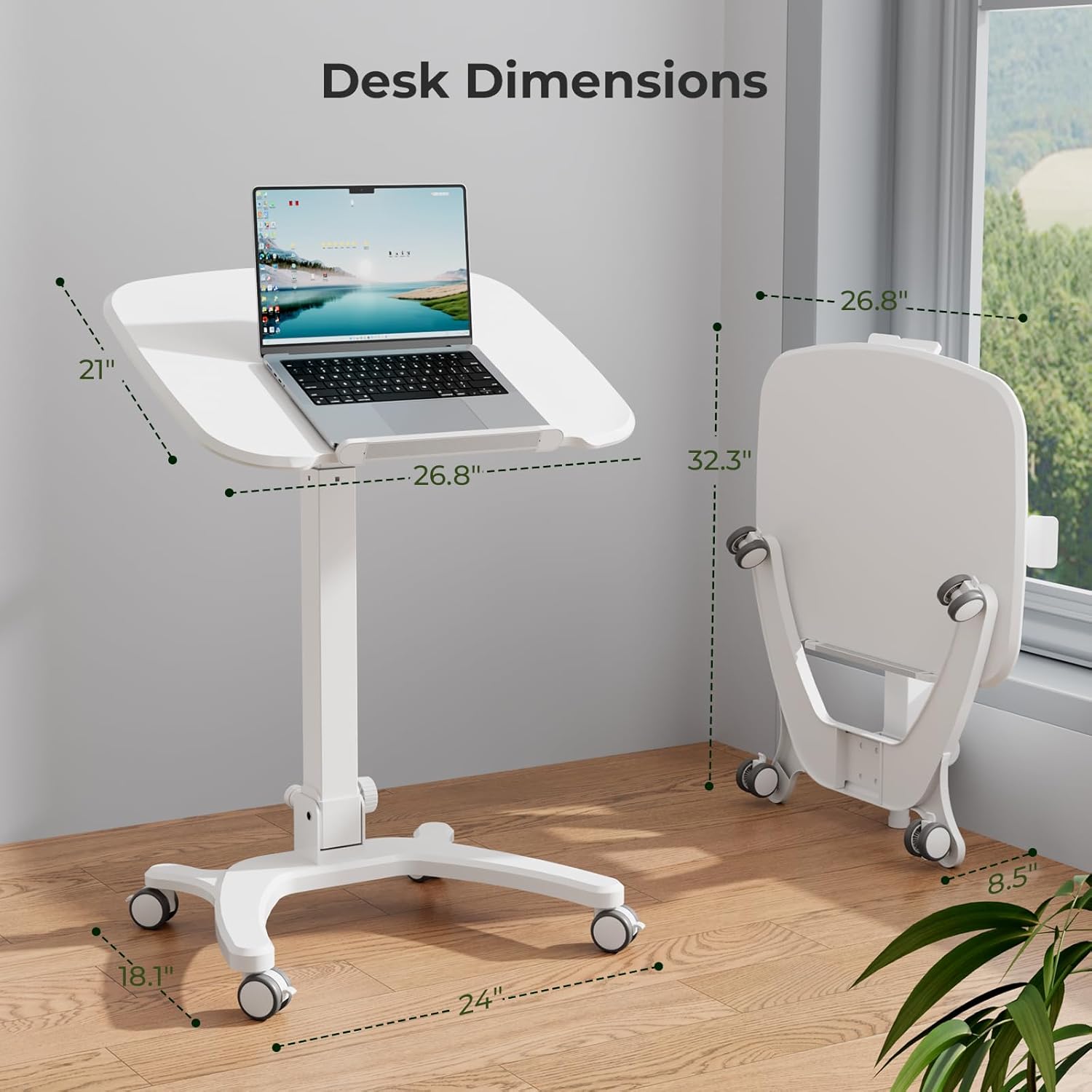 Foldable Mobile Standing Desk, 27"×21" Portable Rolling Laptop Cart with 90° Tiltable Board, Height Adjustable Workstation with Wheels, Folding Table for Home Office, White
