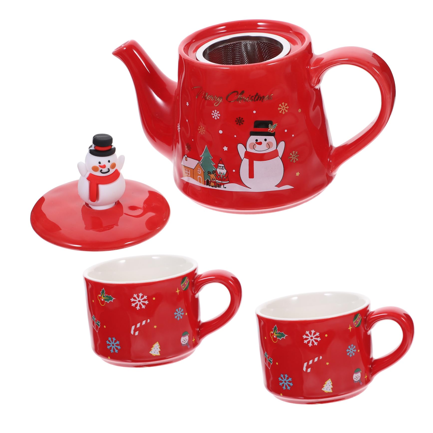 Tetera de cerámica portátil con tazas de muñeco de nieve para disfrutar de un té en la oficina