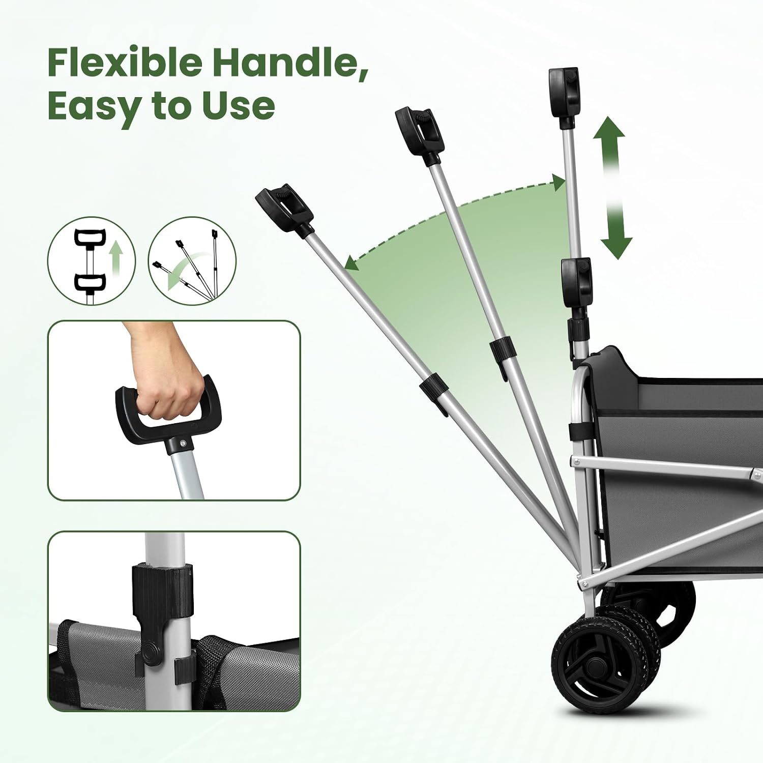 Diagram showing the flexible, adjustable handle of the WOLTU TW021dgr cart and the simple steps to unfold and fold the cart.